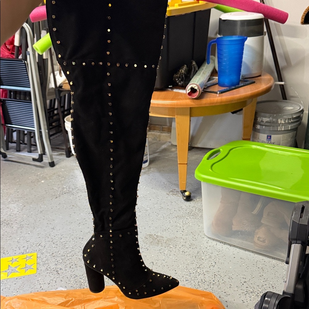 Black Studded Knee-High Boots